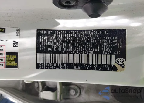 2020 Toyota Corolla Le из США, поврежденный, VIN 5YFEPRAEXLP046364